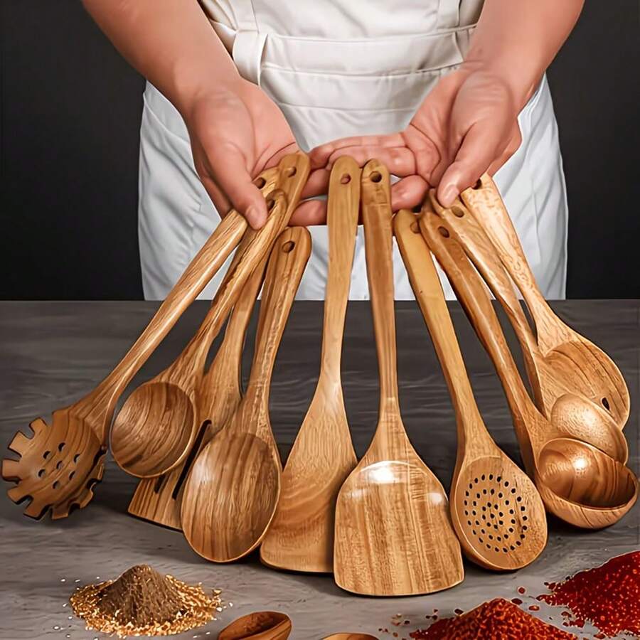 ملاعق أدوات الطهي، مجموعة أدوات مطبخ خشبية من 10 قطع، أدوات طهي من الخشب الطبيعي. مناسبة للطهي والشواء والطهي في الهواء الطلق. أساسيات العودة إلى المدرسة والتخييم، سهلة الحمل - بني - مشاهدة 1