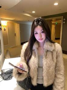 Winter Soft & Cozy Faux Fur Lapel Coat - Camel - View 3
