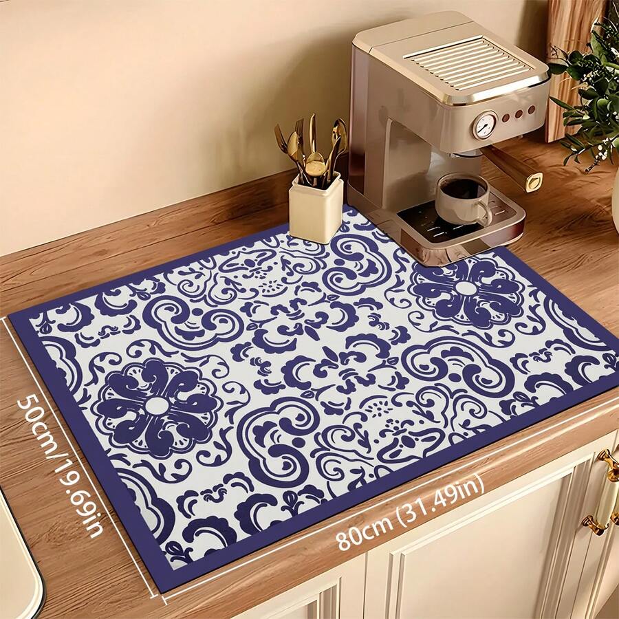1pc Blue Bohemian Diatomaceous Earth Absorbent Mat, Kitchen Countertop Water-Absorbing Drying Mat, Coffee Machine Mat, Pour-Over Coffee Pot Mat, Dish Draining Mat, Non-Slip Heat-Resistant Kitchen Mat, Dining Table Mat, Breakfast Mat, Washing Machine Mat, Home Kitchen Dining Table Coffee Shop Bar Decor Mat, Holiday Party Housewarming Gift - Multicolor - View 1