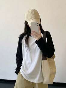 Women's Y2K Black/Grey & Black/White Contrast Minimalist Loose Versatile Home Daily Street Commute Raglan Sleeve Round Neck 2-Piece Top Set - Multicolor - View 2