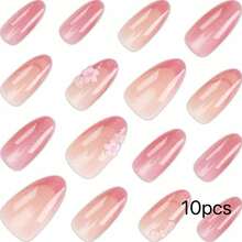 10PCS Spring/Summer Pink Cat Eye Cherry Blossom Premium Handmade Press-On Nails Sweet Atmosphere Ins Style - Baby Pink - View 6