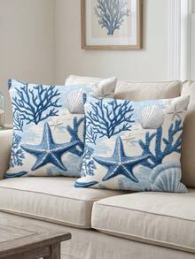 1/2pcs Fashion Coral Coast Style Pillowcase, Single-Sided Print, Breathable & Anti-Pilling, Comfortable & Cozy, Machine Washable, Suitable For Sofa And Car Pillows, 45*45/50*50CM, Living Room Sofa Decoration, Summer, Back To School Season - Multicolor - View 4