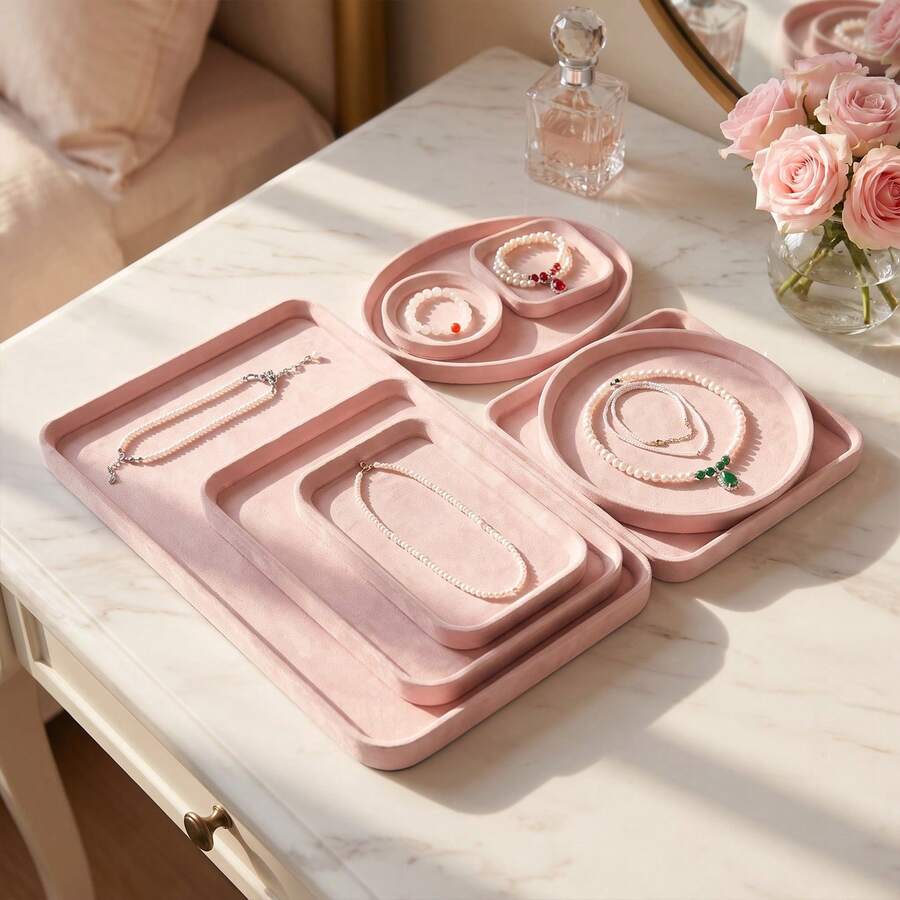 1pc Pink Soft Anti-Scratch Velvet Jewelry Storage Display Tray, Multi-Size Nesting Stackable Jewelry Display Tray, Suitable For Rings, Necklaces, Bracelets, Earrings, Studs, Bangles, Jewelry Store Display, Vanity Storage, Live Stream Display - Pink - View 1