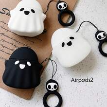 Cute Mysterious Black & White 3D Ghost Silicone Earphone Case + Lanyard Strap Compatible With Apple Pro 2/Pro/4/3/2 Case, Fashion & Simplistic For Women - Black - View 5