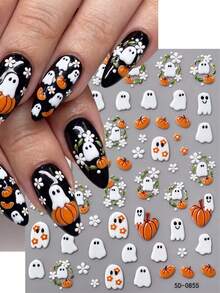 5D Halloween Embossed Cute Ghost Pumpkin Nail Art Stickers, White Ghost Flower 3D Self-Adhesive Nail Decals, DIY Nail Decoration - Multicolor - View 10