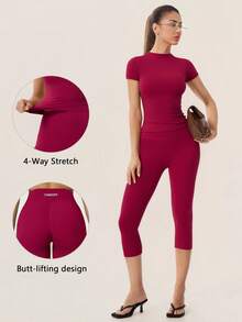 TimeOff Women's One Set Solid Color Small Round Neck Short Sleeve Fitted Butt-Lifting Mid-Length Shorts Sports Outfit - Red - View 1