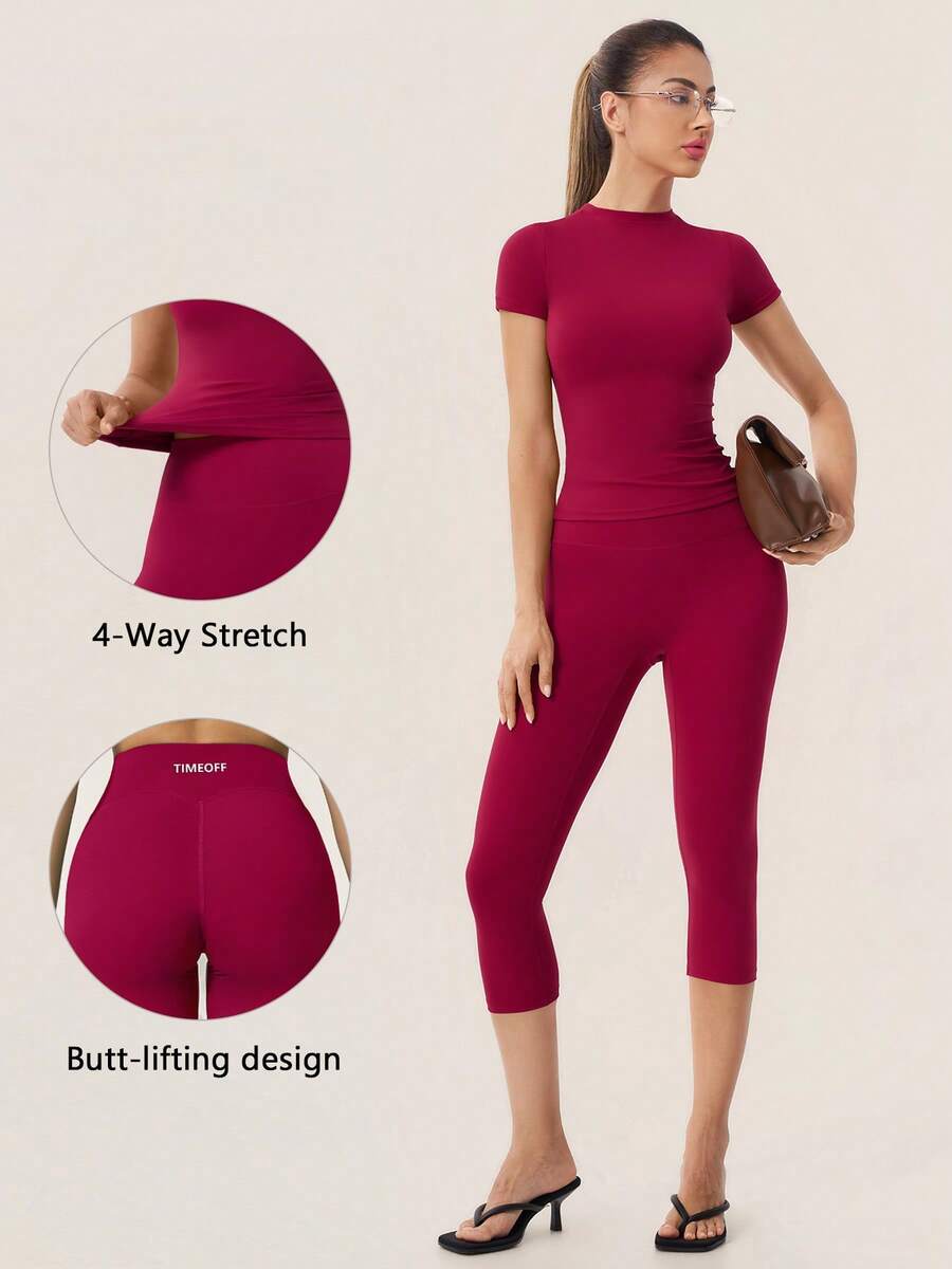 TimeOff Women's One Set Solid Color Small Round Neck Short Sleeve Fitted Butt-Lifting Mid-Length Shorts Sports Outfit - Red - View 1