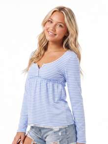 Women's Striped Babydoll Tops Long Sleeve Scoop Neck Fall Shirts - Blue - View 4