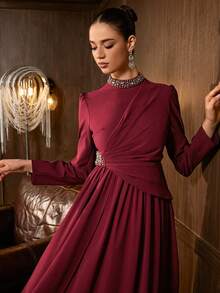 Elegant Women's Burgundy Formal Dress With Beaded Stand Collar, Long Sleeves And Flared Hem, Suitable For Charming Evening Events - Burgundy - View 8