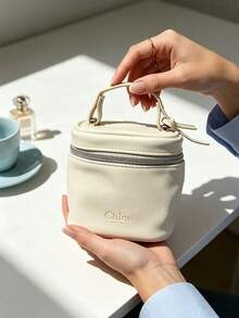Chloé Cream White Faux Leather Vanity Makeup Case, Embossed CHLOE Logo Portable Handheld Travel Cosmetic Organizer Box Large Capacity Waterproof Toiletry Bag Luxury Gift For Women CHLOE-GIFT-20 - Off-white - View 8