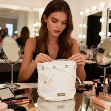 Chloé Cream Beige Soft Fabric Drawstring Bucket Makeup Bag, CHLOE Metal Nameplate Drawstring Closure Mini Cosmetic Storage Pouch Portable Travel Wash Bag Luxury Beauty Gift For Women CHLOE-GIFT-15 - White - View 5