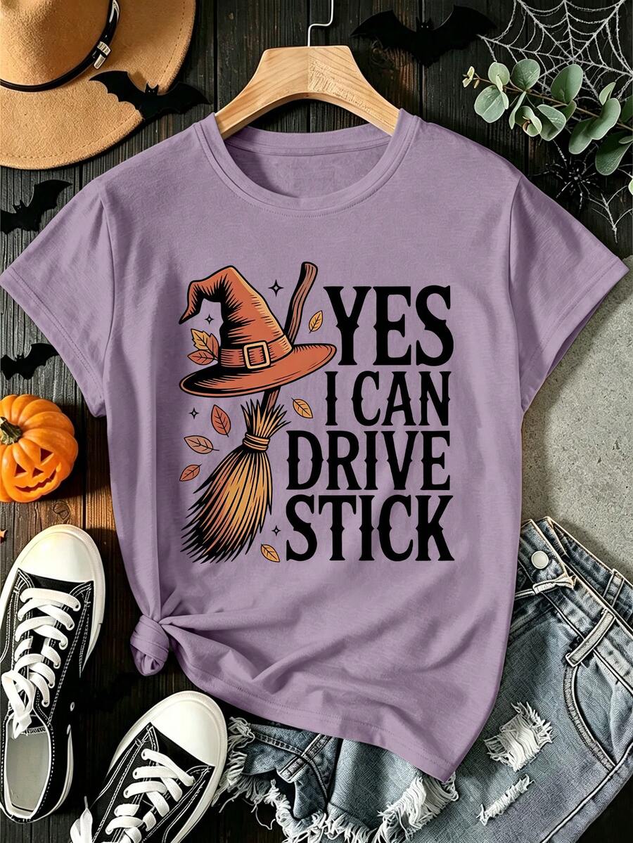 Women's Vintage Witch Broom & Maple Leaf T-Shirt - Dusty Purple - View 1