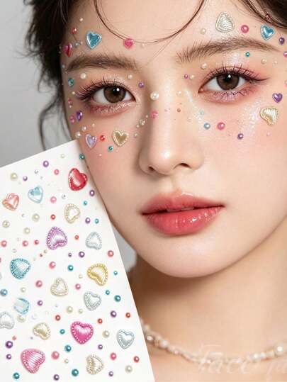 Colorful 3D Heart Face Sticker Set With Tweezers, Holographic Laser Heart Face Decor Stickers, Self-Adhesive For Music Festival Party Stage Makeup