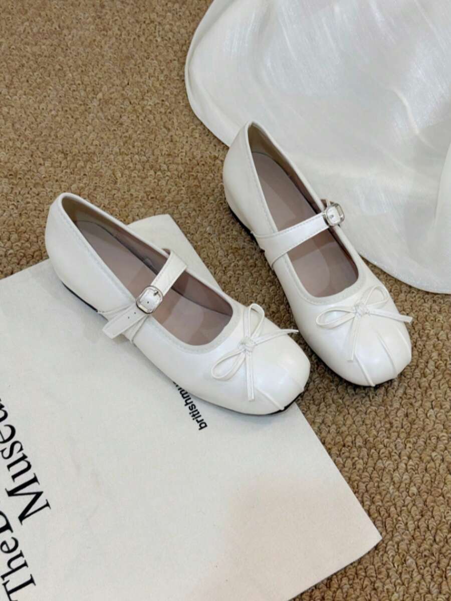 White Mary Jane Hidden Wedge Shoes, Split Toe Ruched Round Toe, Upper With Delicate Bow, Single Strap Metal Buckle Low Vamp Shoes, Sweet Style Slouchy Women's Shoes - Beige - View 1