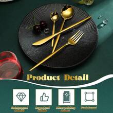 Stainless Steel Cutlery Sets (10/24/48/72 Pieces), Including Forks, Spoons, Knives, Coffee Spoons, And Steak Knives; Reusable; Serving Sizes For 2/6/12/18 People. - Gold - View 5