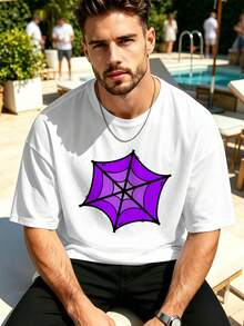 Men's Purple Web Print T-Shirt, High Quality Cotton, Loose And Comfortable Fit, Casual, With A Great Impact Print. - White - View 1