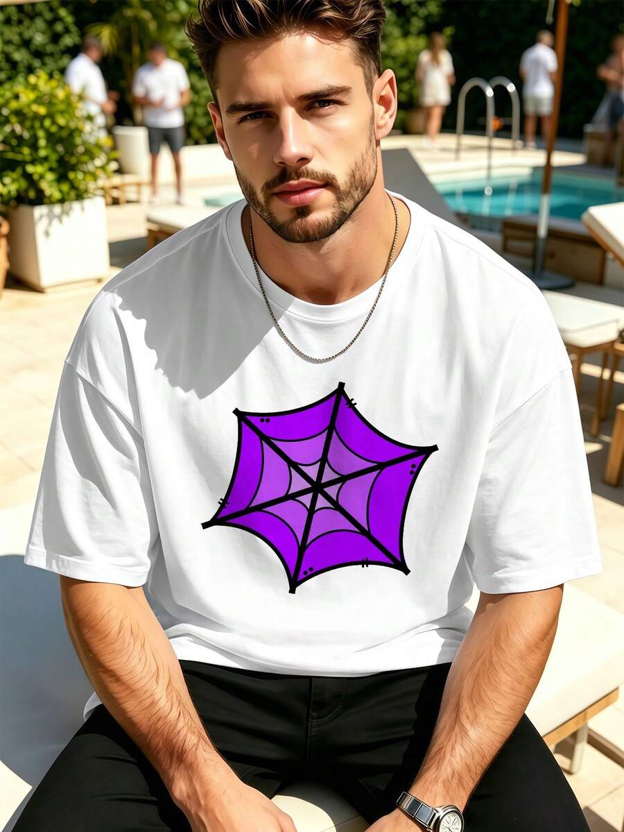 Men's Purple Web Print T-Shirt, High Quality Cotton, Loose And Comfortable Fit, Casual, With A Great Impact Print. - White - View 1