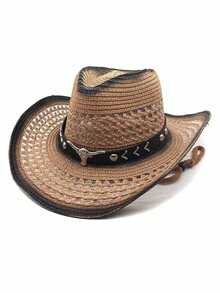 Men's Western-Style Straw Cowboy Hat, Outdoor UV-Protective Sun Hat, Breathable Woven Summer Hat - Multicolor - View 9