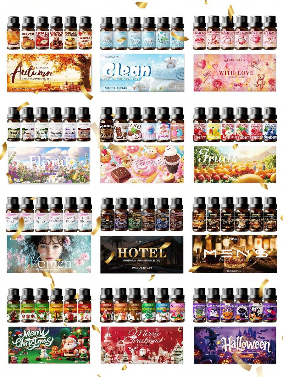 EMBRACEX. 6*10ml 多口味精油禮品套裝，香氛油，秋季/冬季/酒店/男士/女士/清潔/情人節/水果/美味食物/聖誕節/萬聖節禮品套裝，節日禮物，每盒6瓶，擴香器，加濕器，蠟燭製作，汽車香氛，藤條擴香，母親節，父親節，教師節，週年紀念，生日禮物，感恩節禮物，聖誕快樂