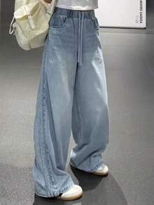 Adidas Three-Leaf Clover Women's Wide-Leg Jeans Curved Hem Pants - Light Denim Blue - View 4