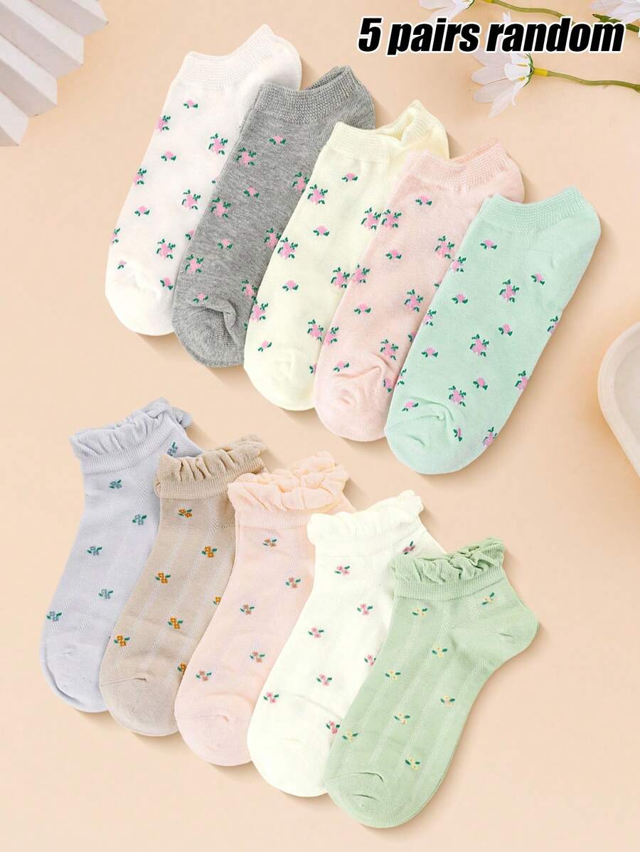 5 Pares de Meias Invisíveis Tipo Barco Femininas com Estampa de Pequenas Rosas Florais, Design Simples, Adequadas para Uso Diário e de Verão - Multicolorido - Visão 1