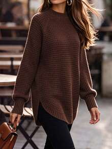 Women's Basic Loose Waffle Knit Solid Color Long Sweater, Curved Hem, Casual Comfortable Round Neck Pullover Long Sleeve Top Fall - Chocolate Brown - View 4