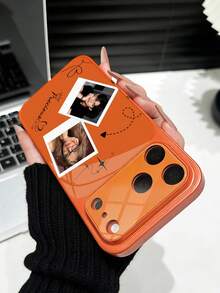 1 buah Casing Ponsel Kaca Tempered Jendela Besar Mewah DIY Kustomisasi Ganda dengan Foto & Nama, Anti Jatuh, Kompatibel dengan Apple Duo/18ProMax/17ProMax/16Pro/15/14Plus/13Pro/12ProMax/11, Pelindung Premium Cakupan Penuh - Jeruk - View 5