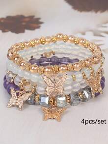 4pcs/Set Bohemian Style Multi-Layer Time Gem Butterfly Pendant Asymmetrical Beaded Bracelet Set, Suitable For Daily Wear, Gift - Time Gem Butterfly Bracelet - View 17