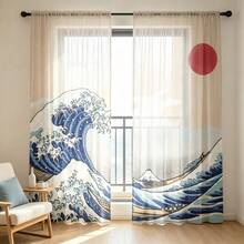 2件組日式大浪透視窗簾，浮世繪海洋波浪與船隻印花薄紗窗簾，濾光穿桿式窗簾，適用客廳臥室居家裝飾 - 彩色 - 查看 9