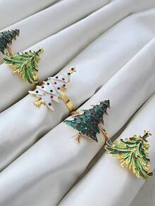 12/6/3/1pc Festive Xmas Tree Shaped Napkin Ring Set,Metal Napkin Holder,Elegant Christmas Table Accessory,Perfect For Home Kitchen,Celebration,Holiday Feast,Wedding Banquet,Dinner Table Decor For Holiday Party Supplies - Multicolor - View 7