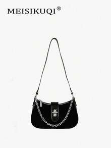 Retro Patch Chain Bag For Women, Simple Lock Clasp, Underarm Bag, Versatile Shoulder Bag, Casual, Can Be Slung, Women's Bag - Black - View 1