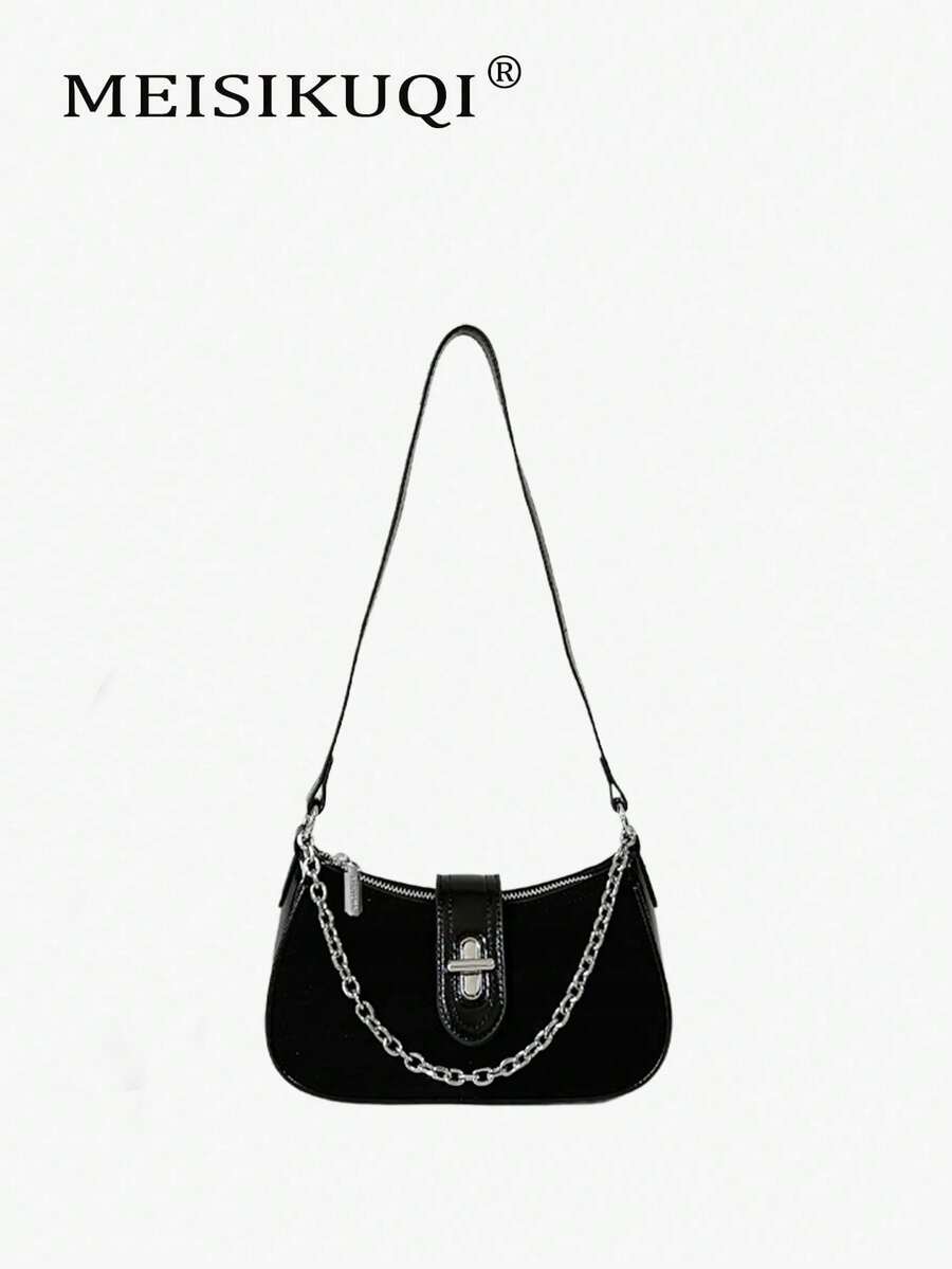 Retro Patch Chain Bag For Women, Simple Lock Clasp, Underarm Bag, Versatile Shoulder Bag, Casual, Can Be Slung, Women's Bag - Black - View 1