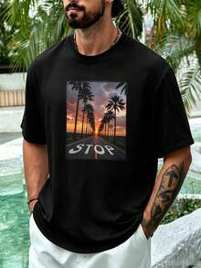 Sunset Palm Stop Men's T-Shirt Made Of High Quality Fabric, Loose Fit, Hip-Hop Street Style, Breathable. - Black - View 1