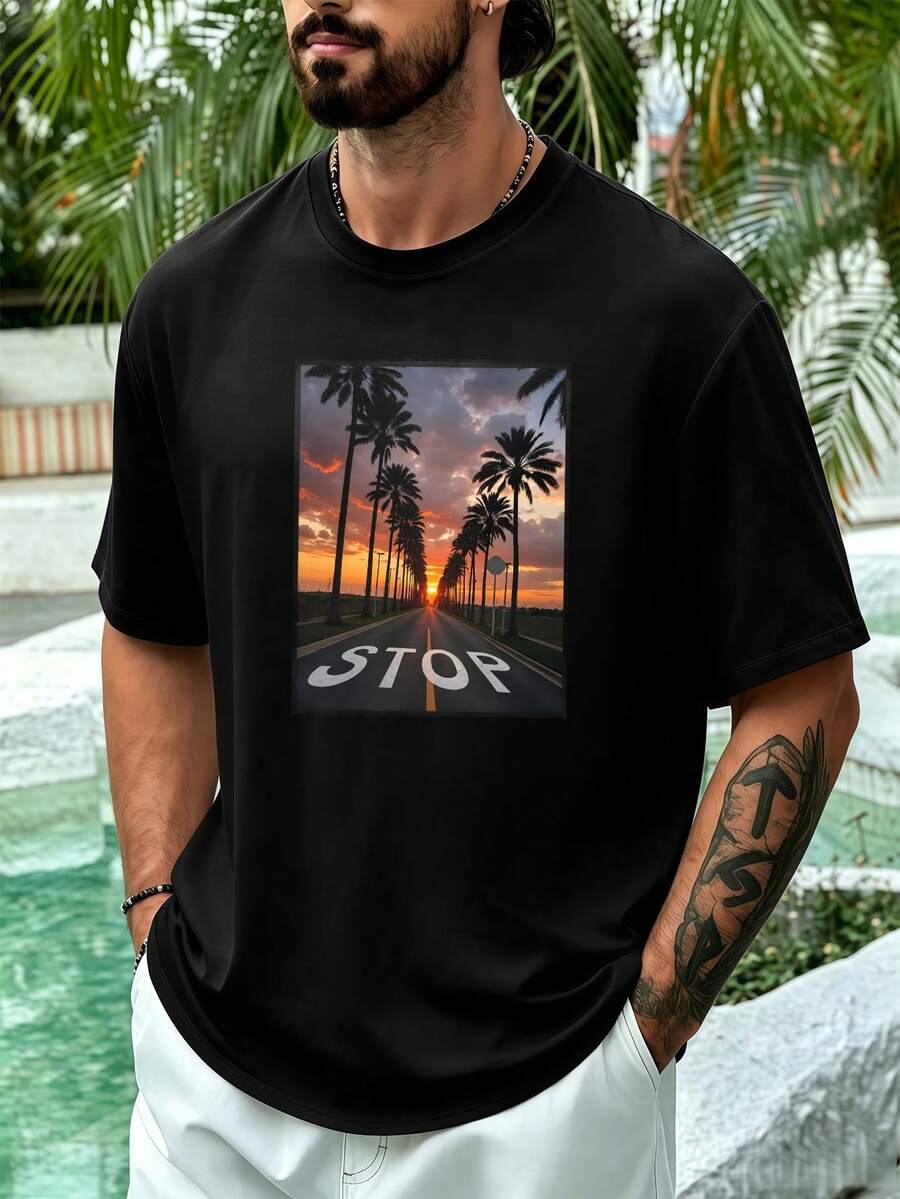 Sunset Palm Stop Men's T-Shirt Made Of High Quality Fabric, Loose Fit, Hip-Hop Street Style, Breathable. - Black - View 1