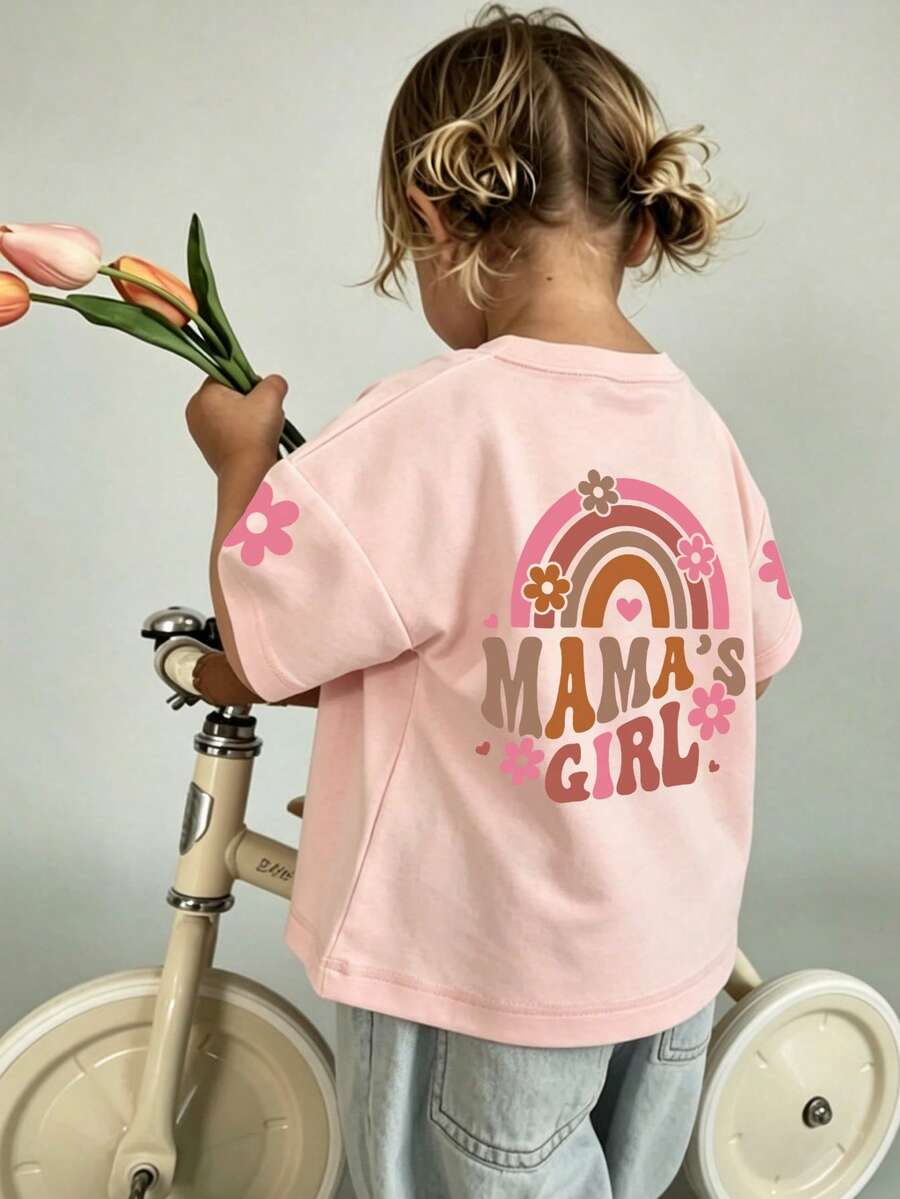 Baby Girls Minimalist "Mama's Girl" Letter Print Crew Neck Short Sleeve Cute Tee - Pink - View 1