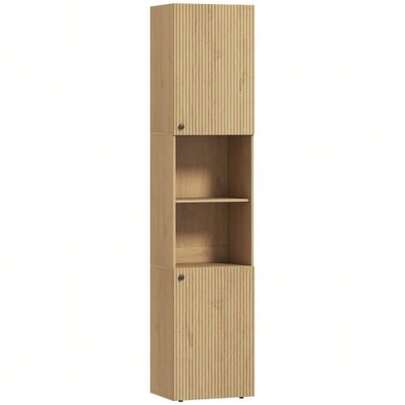 Tall Bathroom Cabinet, 6 Tiers, 2 Cabinets, 2 Open Shelves, Open Compartments, Wood, Oak Color