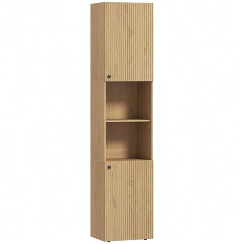 Tall Bathroom Cabinet, 6 Tiers, 2 Cabinets, 2 Open Shelves, Open Compartments, Wood, Oak Color