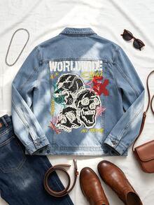 Men's Light Blue Denim Jacket, Punk Style With Multiple Skull Graffiti Print, White Ink Direct-To-Garment, Button Cuffs, Y2K Style - Light Denim Blue - View 3