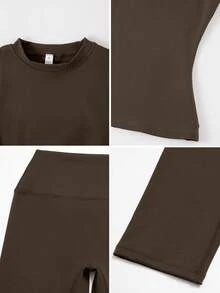 TimeOff Women's One Set Solid Color Round Neck Short Sleeve Slim Fit Butt-Lifting Mid-Length Pants Sports Set - Coffee Brown - View 4
