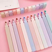 6pcs/12pcs Square Barrel Fluorescent Macaron Color Highlighter Marker Pen Set For Students, Note-Taking And Key Point Marking - Multicolor - View 11
