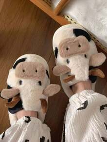 1 Pair Kids Thermal Lined Cartoon Cow Anti-Slip Flat Casual Indoor Warm Slippers, Suitable For Autumn/Winter - Black and White - View 3