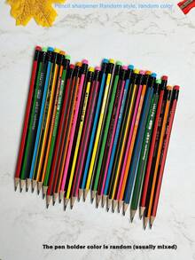 12支彩色條紋HB鉛筆附橡皮擦 + 1個隨機鉛筆削筆器，六角鉛筆，耐折斷，學生學習與考試用鉛筆，學生文具鉛筆套組，開學用品 - 彩色 - 查看 6