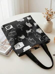 1pc Cartoon Cat Print Black Canvas Tote Bag, Lightweight Durable , Multi-Use Shoulder/Hand Bag For Students, Commuting & Daily Shopping - Black and White - View 3