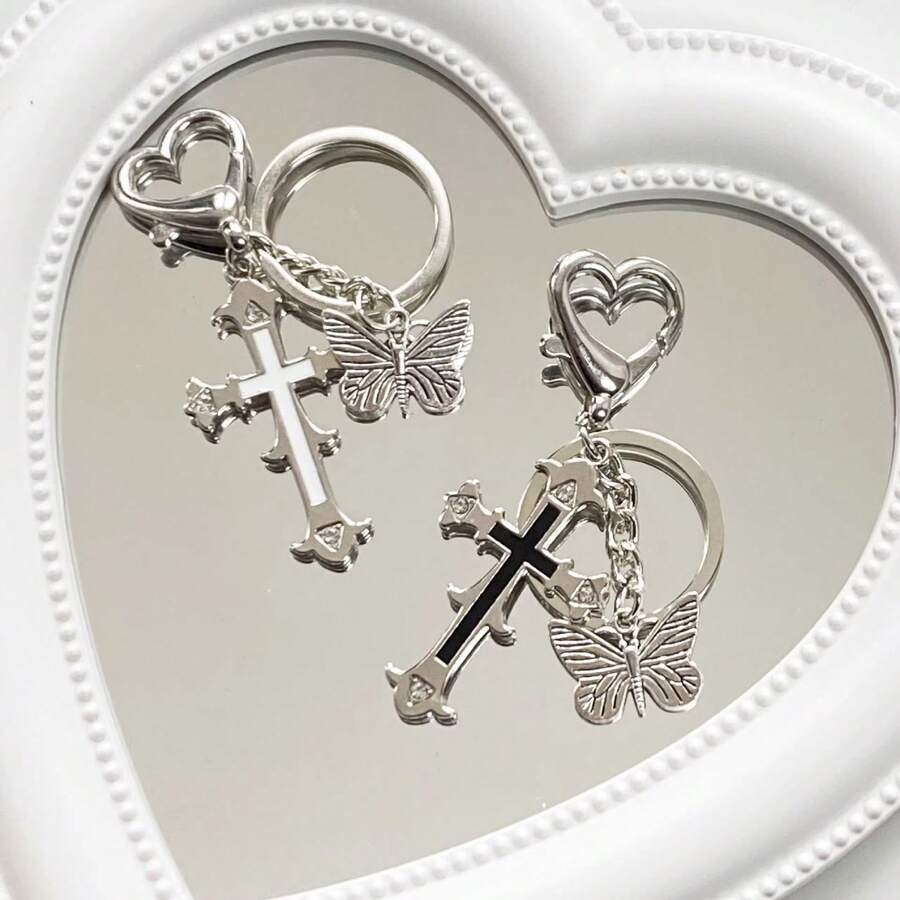 2 Pcs Y2K Gothic Cross Butterfly Keychain, Zinc Alloy Silver‑Tone Punk Bag Charm, Aesthetic Alt Backpack Pendant Decor Gift For Women Girls - Multicolor - View 1