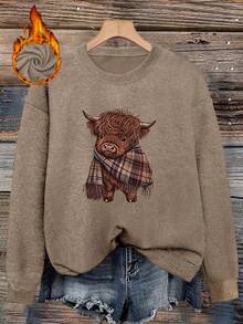 Autumn/Winter Essential: Cute Highland Cow Plaid Knit Scarf, Casual & Warm, With Adorable Animal Pattern, Elevate Your Seasonal Look - Earth Gray - View 1