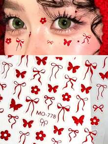 Red Glitter Butterfly Ribbon Flower Face Sticker Set With Tweezers, Christmas New Year Party Makeup Stickers,Halloween Costume - Red - View 3