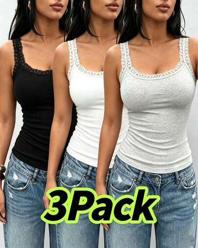 Camisetas de tirantes para mujer talla grande, paquete de 3, con encaje, sin mangas, con cobertura lateral, versátiles para todas las estaciones, para usar como prenda interior o exterior