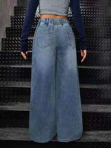 Girls Casual Straight Leg Denim Jeans With Pockets, Everyday Wear - Blue - View 2