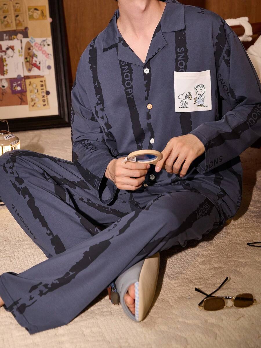 Gongdie 2 Pieces Snoopy Men Pajama Set,Fall Stripe Blue Soft Cotton Loungewear With Pocket - Dusty Blue - View 1
