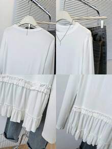 Kaos Lengan Panjang Model Balet Terbaru Musim Gugur dengan Hiasan Renda di Bagian Bawah, Atasan Dasar yang Melangsingkan untuk Wanita - Putih - View 7
